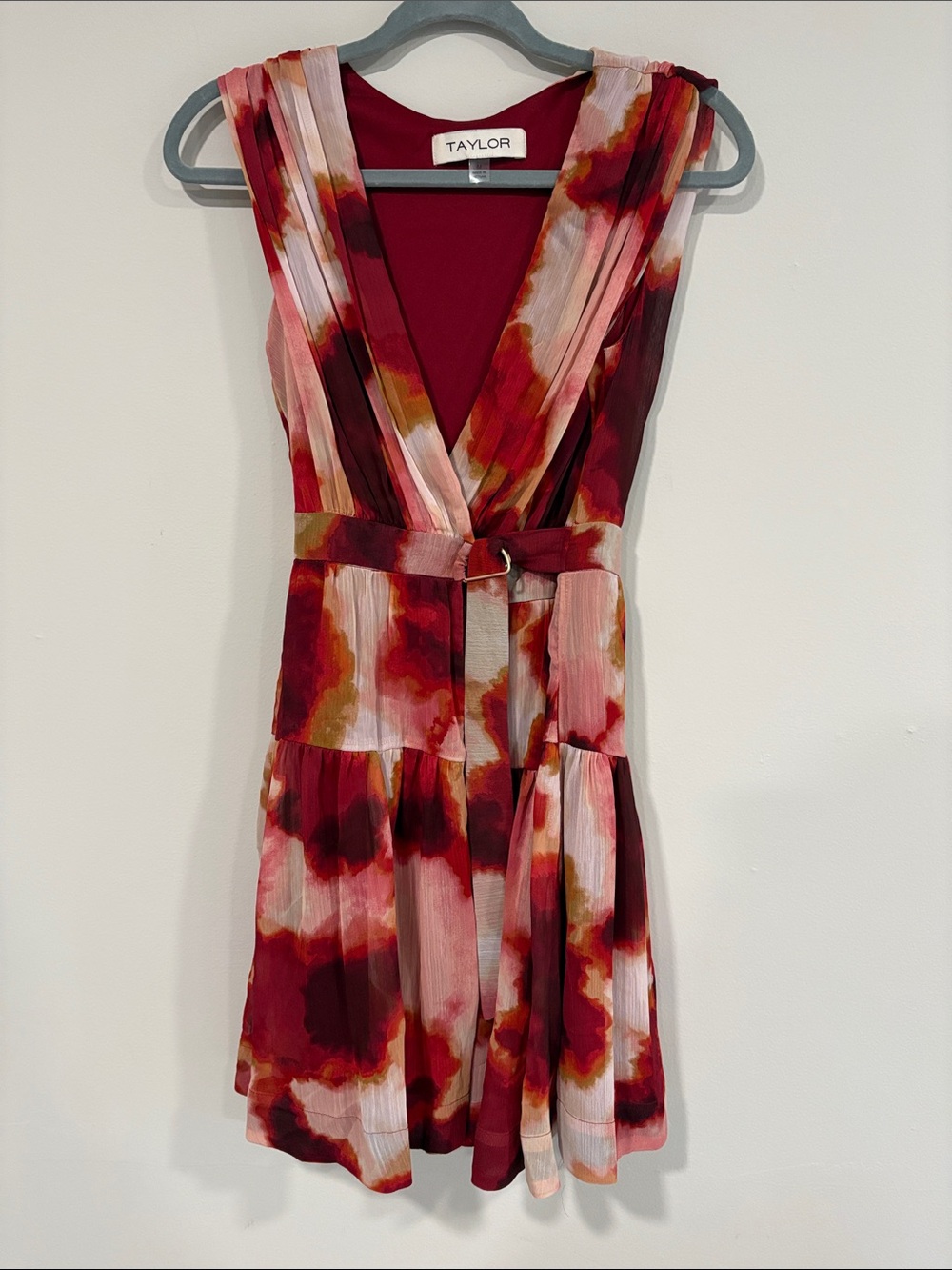 Taylor Sleeveless V-Neck Watercolor Floral Dress in Burgundy, Pink and Gold